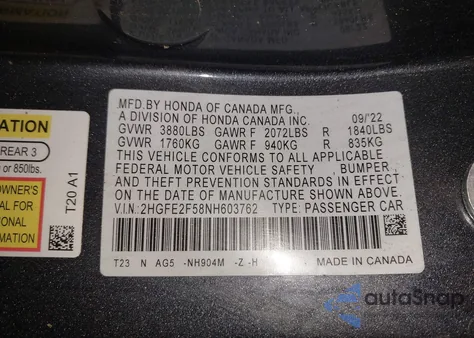 2022 Honda Civic Sport z USA, uszkodzony, nr VIN 2HGFE2F58NH603762